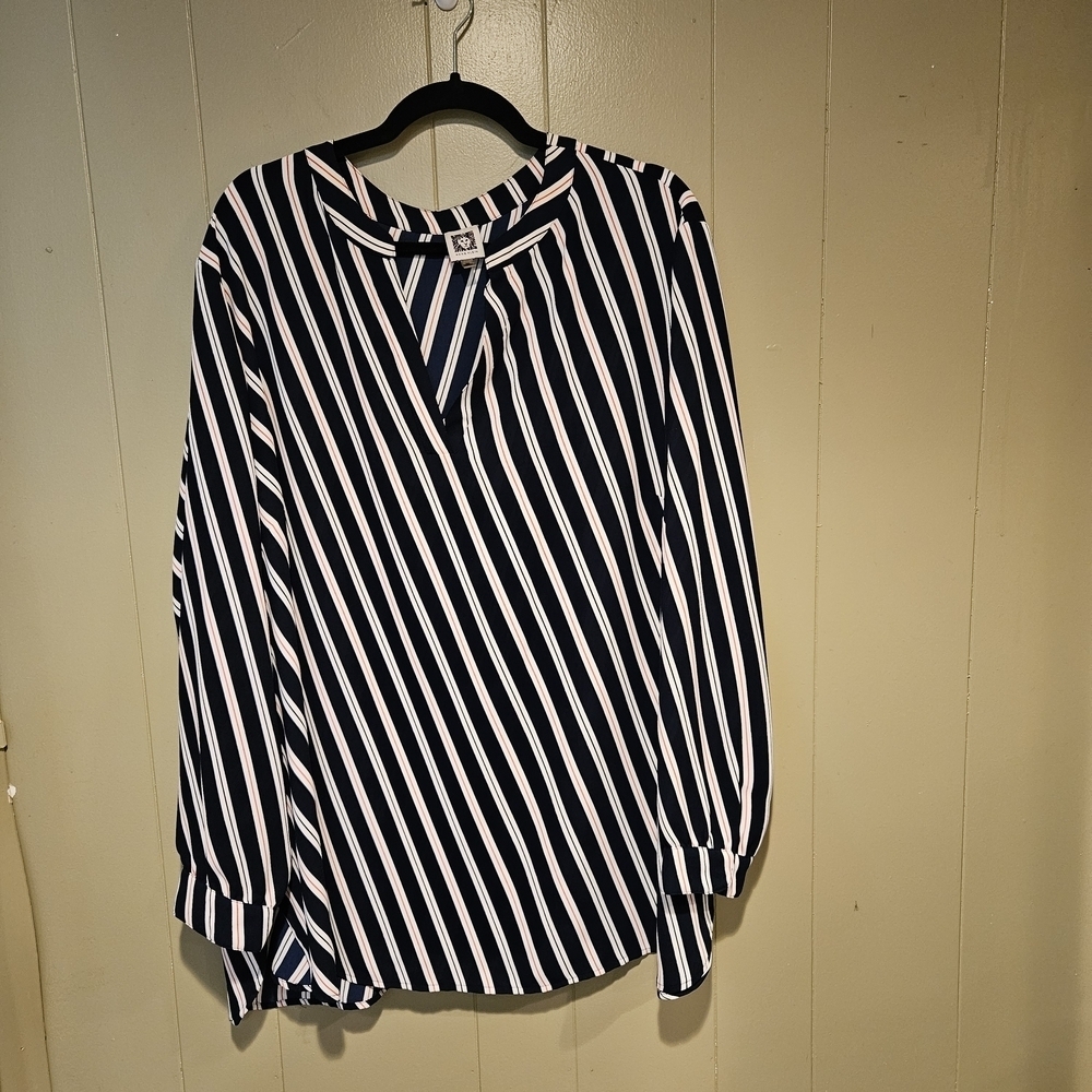 Anne Klein Navy and White Striped Blouse
